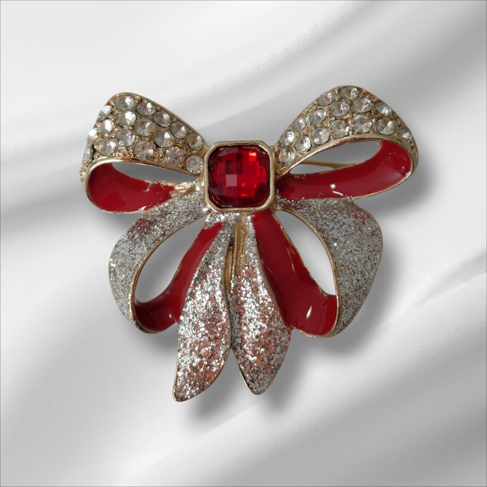 Liz Claiborne Red and Silver Bow Rhinestone Sparkle Enamel Christmas Brooch